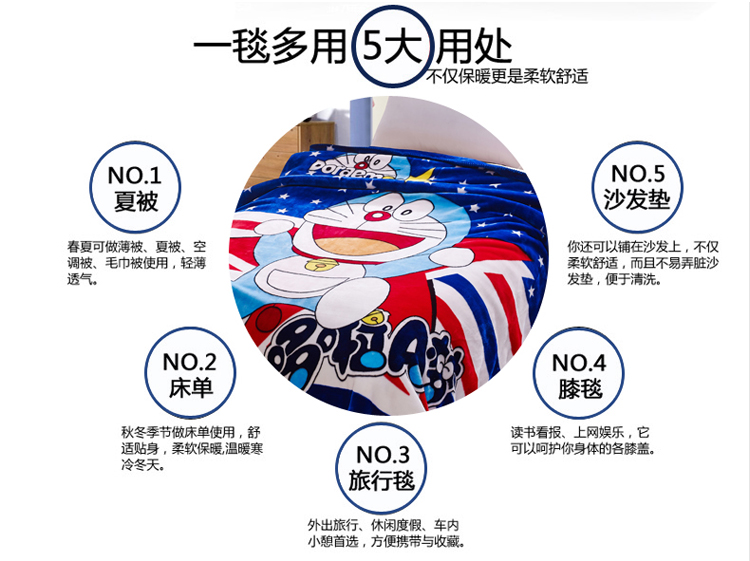 三只松鼠 毛毯 加厚保暖双层时尚盖毯  西班牙盖毯 150*200cm 机器猫 150*200