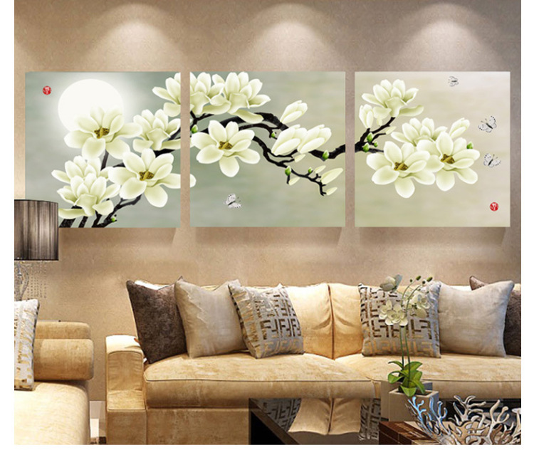 
                                        必画 现代家居无框画客厅三联挂画背景墙画玉兰花装饰画壁挂画 一套3幅 9mm厚布纹膜 50*50cm                