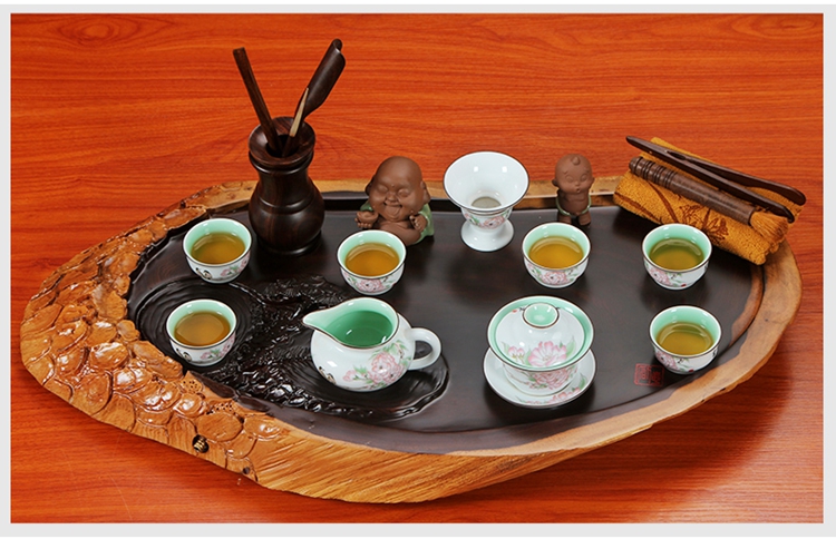 南埕 黑檀茶盘天然整块实木茶盘 汝窑陶瓷整套功夫茶具套装茶海台 套餐01黑檀老树新生-粗陶侧把壶套装