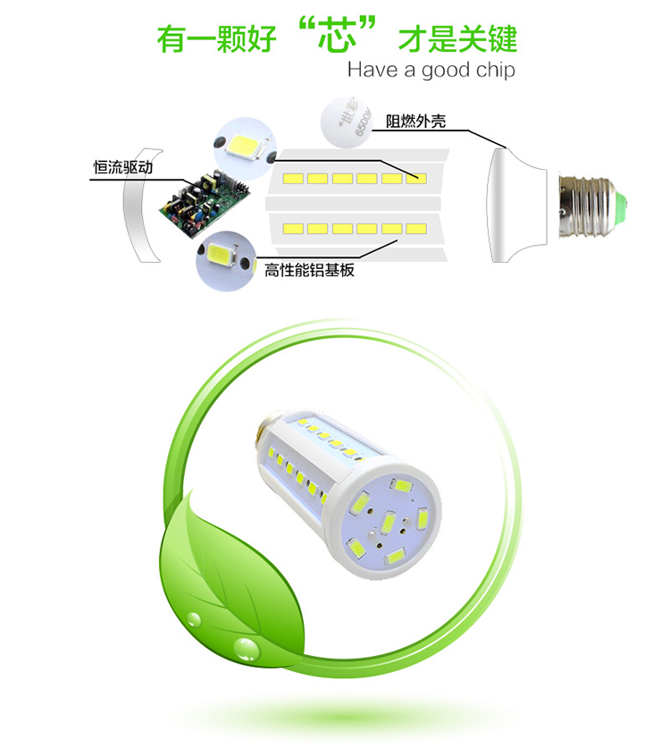 SCOE LED家用灯高亮玉米灯水晶灯拉尾灯日亚芯片E14螺口5730芯片5W 220V伏 E14螺口玉米灯5W 一只 正白光