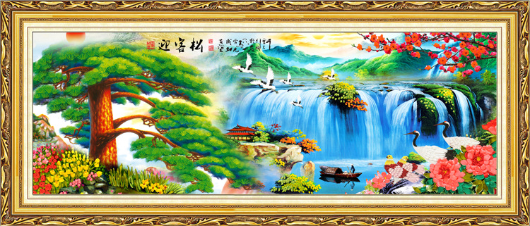
                                        悠趣 手工绣丝带绣套件 大幅客厅仙鹤风景装饰挂画 A-291 迎客松牡丹版 175*70cm                