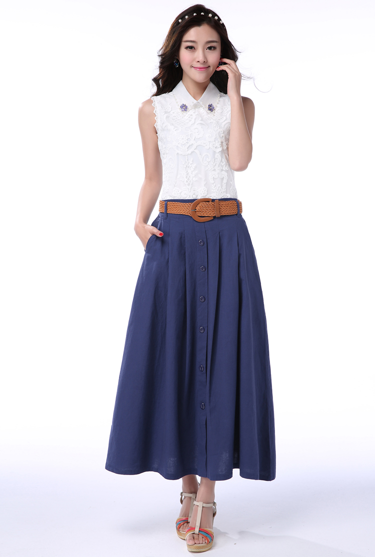 贝妮鹿2015夏季新款女裙半身裙子中长款棉麻长裙文艺高腰半身长裙休闲显瘦 蓝色 L
