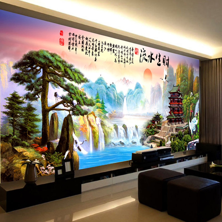 
                                        K-S十字绣客厅新款大幅迎客松流水生财聚宝盆风景山水画2米精准印花szx 3股绣 11CT棉线印花 绣布尺寸190X75cm                
