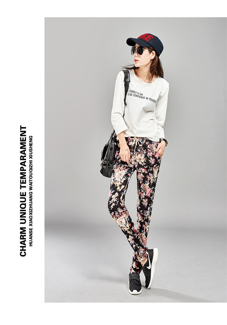 E人名品（ERENVIP）2015韩版时尚修身小脚铅笔裤印花正装裤女秋F6492 蓝色 XXL