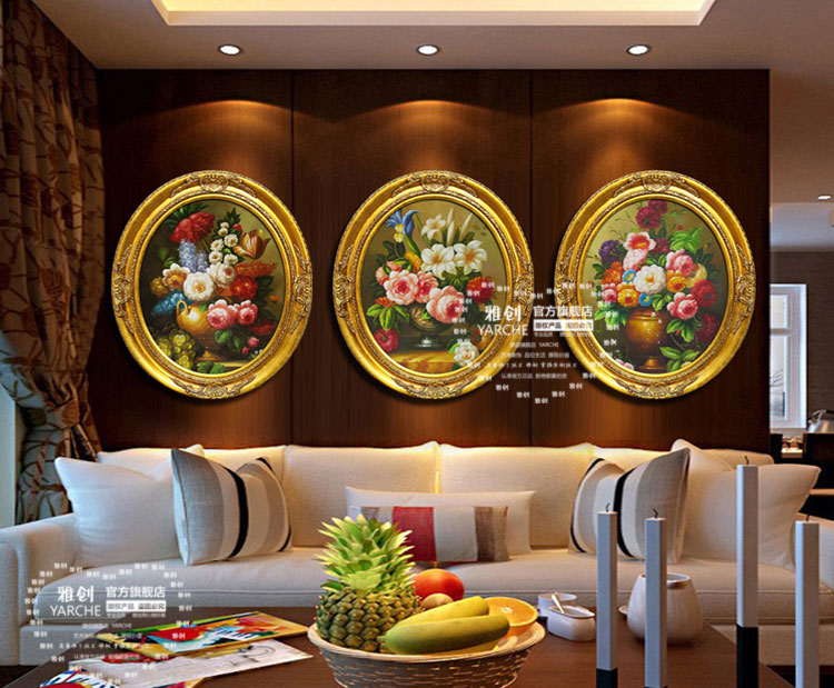 
                                        雅创油画 欧式装饰画椭圆画框客厅玄关柜挂画手绘油画古典花沙发墙画 C款 45*55CM                