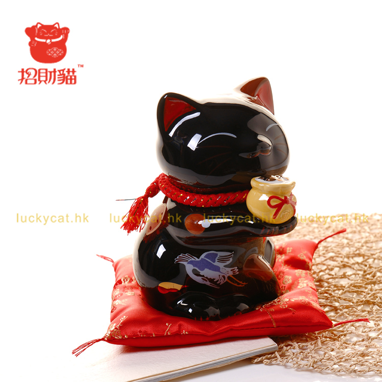 招财猫摆件 中号陶瓷黑色猫存钱罐储蓄罐 店铺开业办公室家居创意礼品节庆饰品 笑福猫