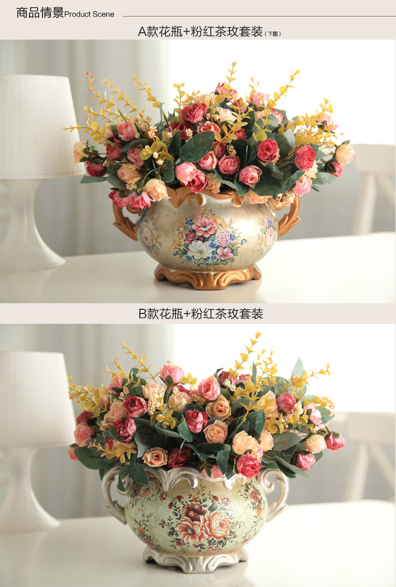 蒂拉欧式复古手绘陶瓷花瓶花艺套装摆件 餐桌花插花器仿真花假花套装 装饰品摆件 B花瓶+4束粉红茶玫