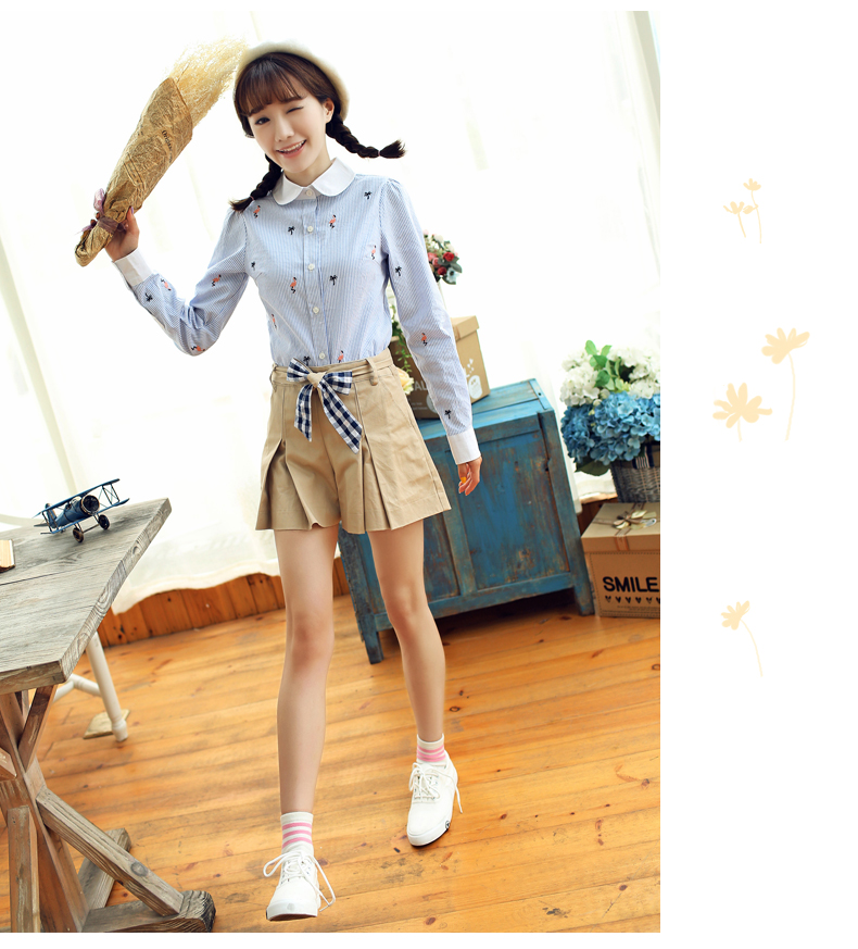 妮菲学院2015秋装甜美清新刺绣少女初高中学生长袖条纹衬衫女衬衣 蓝色 L170