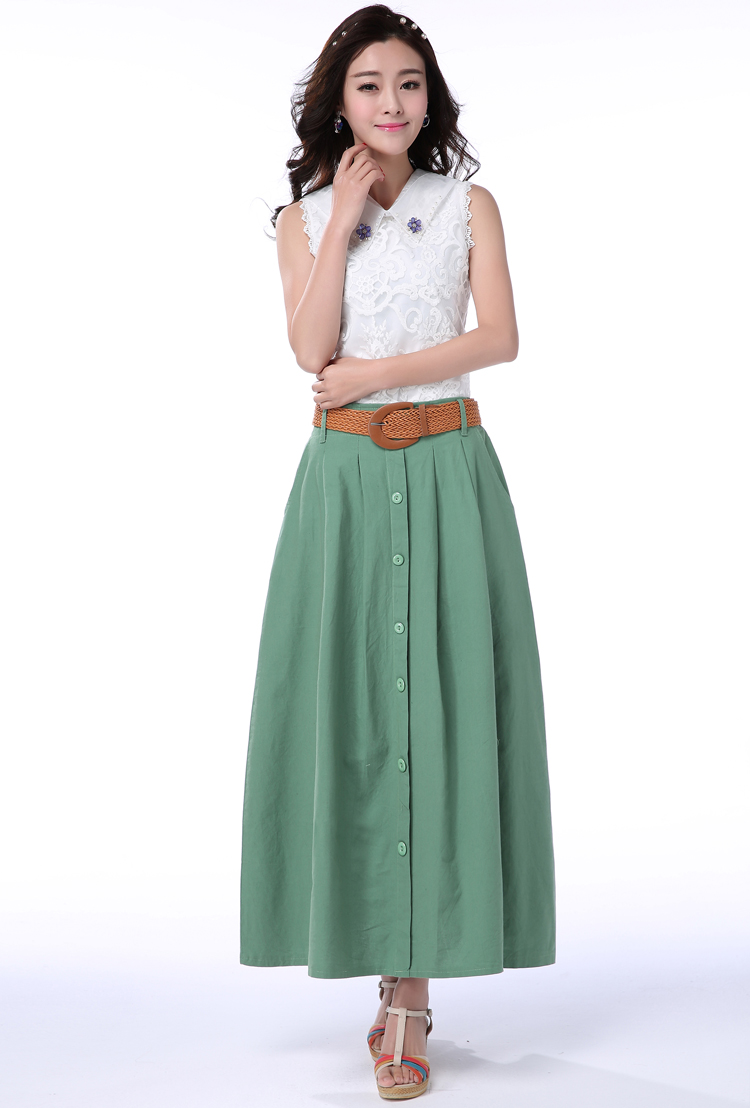 贝妮鹿2015夏季新款女裙半身裙子中长款棉麻长裙文艺高腰半身长裙休闲显瘦 蓝色 L