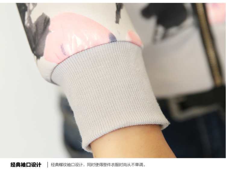 欧出色2016春秋新款修身百搭中长款印花棒球服女短外套春秋风衣潮7803 黑美女袖 M