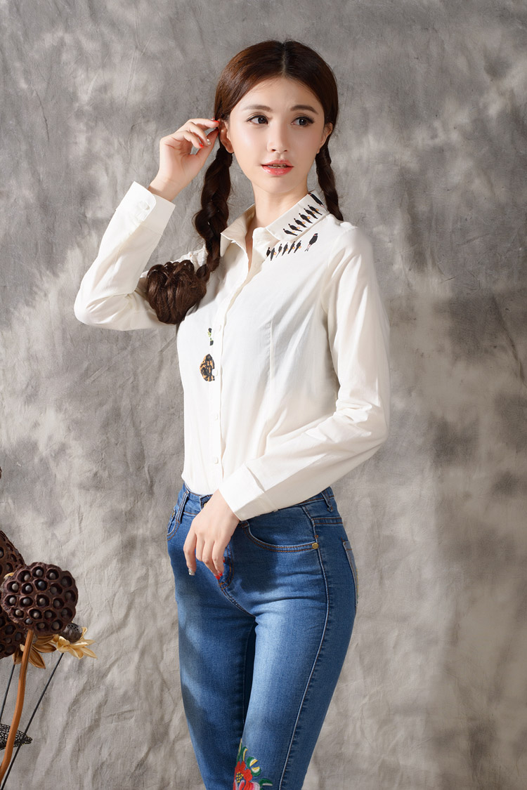 浅末 秋装款文艺范印花长袖衬衫女士衬衣女上衣 HFH9016 浅绿色 XL