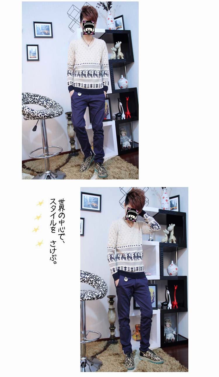 丹杰仕 秋冬新款男装V领小鹿<em>毛衣</em> <em>男士</em>韩版织