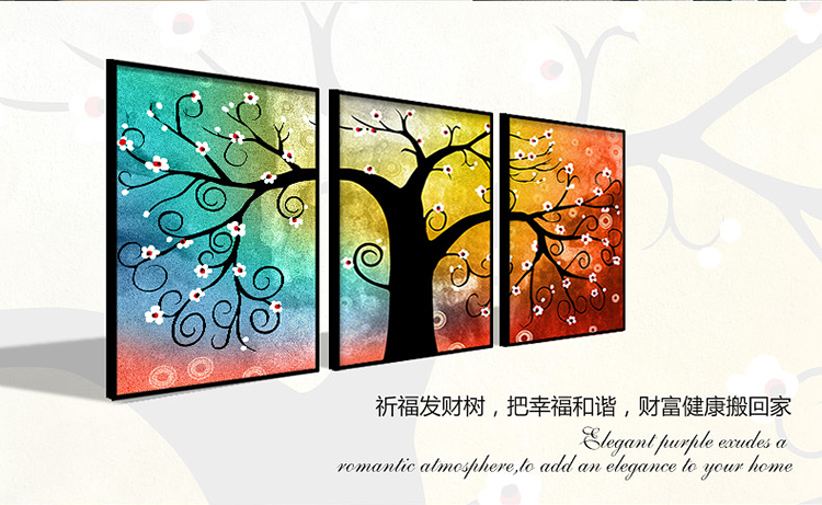 Timax 现代欧式电表配电箱装饰画客厅玄关餐厅挂画沙发背景墙油画壁画 印象发财树抽象三联 30*60