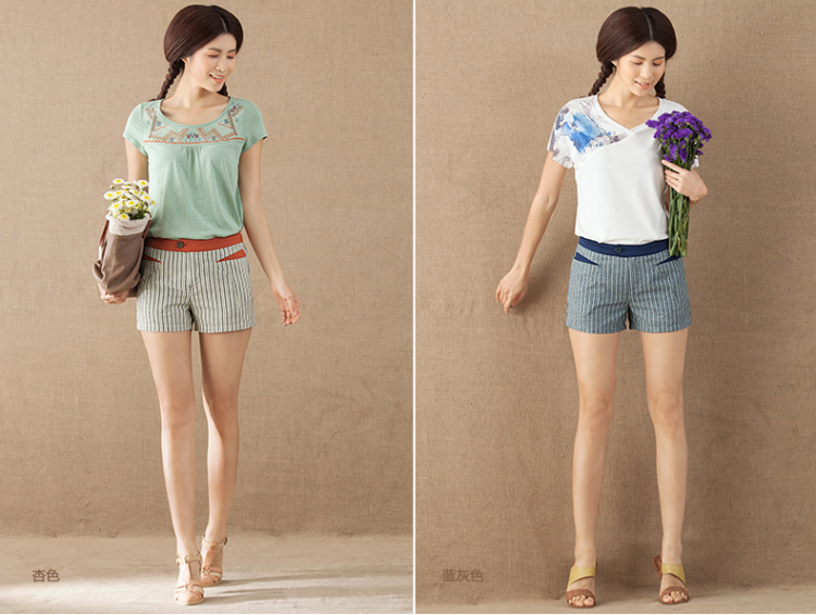 茵曼2014夏装新款文艺<em>棉</em>竖<em>条纹短裤</em>热裤<em>女</em>【