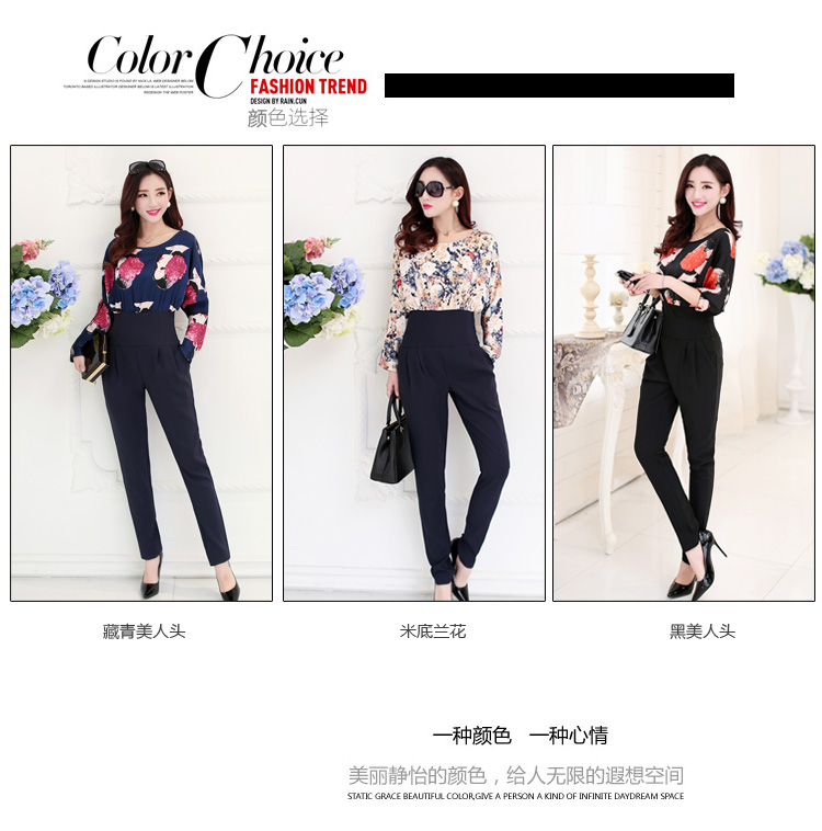 曼斯丽谷 休闲套装女2015秋季新款长袖OL气质修身时尚印花职业装正装裤休闲裤长裤女 藏青美人头 L