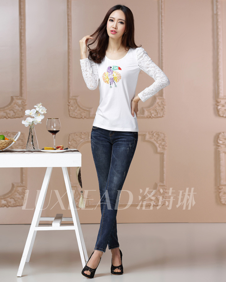 LUXLEAD洛诗琳新款女装钉珠针织长袖T恤打底衫QTS3141025 阳光白 XL