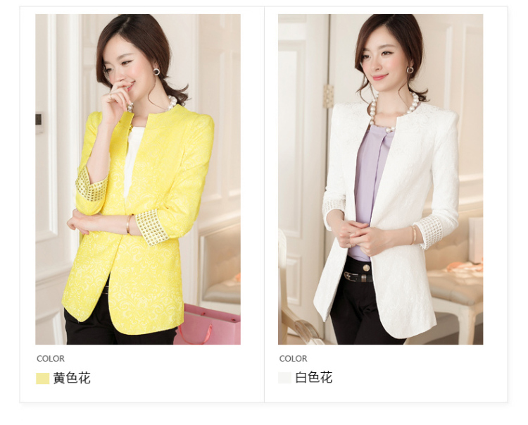 黛姬兰  2015女装春秋款小西装蕾丝修身短外套七分袖小西服显瘦女 黄色 M