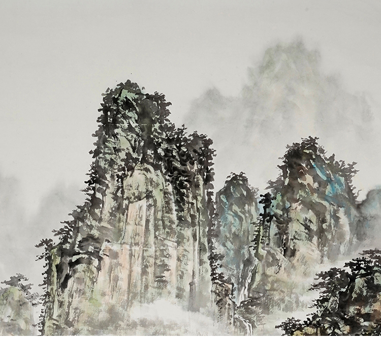 墙蛙 风景系列二客厅装饰画山水画国画办公室挂画中式沙发背景墙画壁画 洪水发 ABC款一套 木纹细框52*102cm
