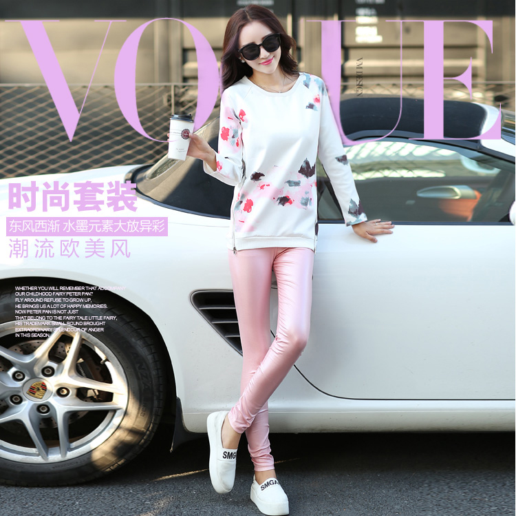 摩纤 32015秋季新款 长袖水墨印花休闲卫衣时尚两件套装女M89 图片色 XXL