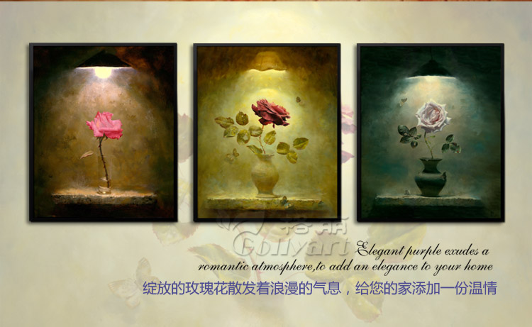 格丽油画装饰画客厅现代欧式餐厅壁画玄关挂画沙发背景墙照片墙喷绘有框画三联实木艺术画玫瑰花卉 三联玫瑰ABC 60*90cm实木有框画