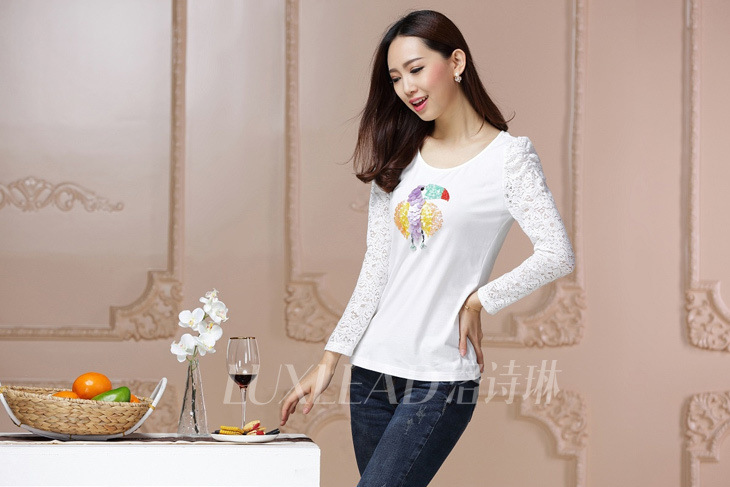 LUXLEAD洛诗琳新款女装钉珠针织长袖T恤打底衫QTS3141025 阳光白 XL