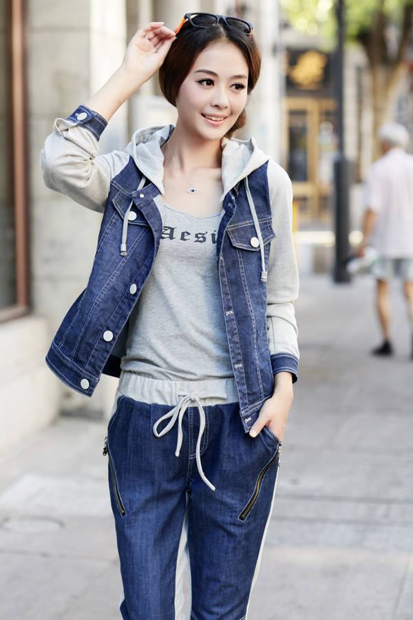 衣身布变 2015新款韩版针织拼接牛仔运动裤休闲套装女 灰色 XL