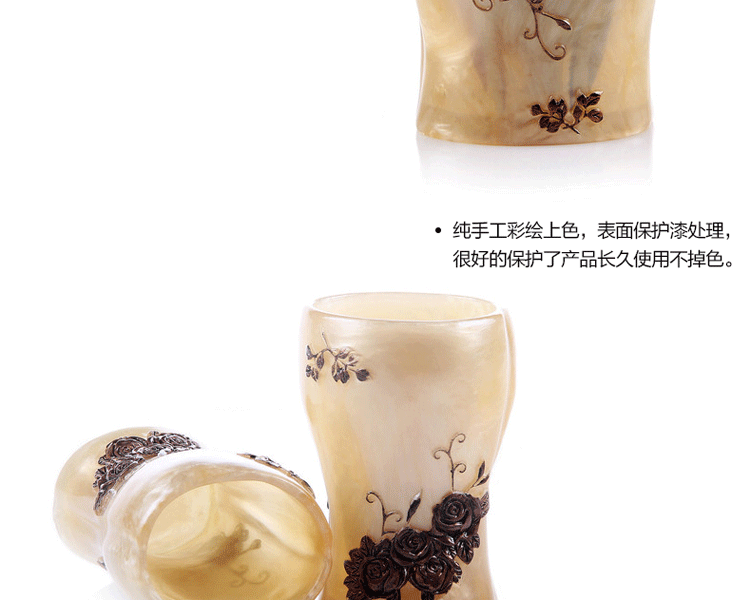 微品多创意新款洗漱套装卫生间简约卫浴五件套欧式树脂卫浴装饰品新婚时尚礼品 珍黄古铜色五件套+托盘