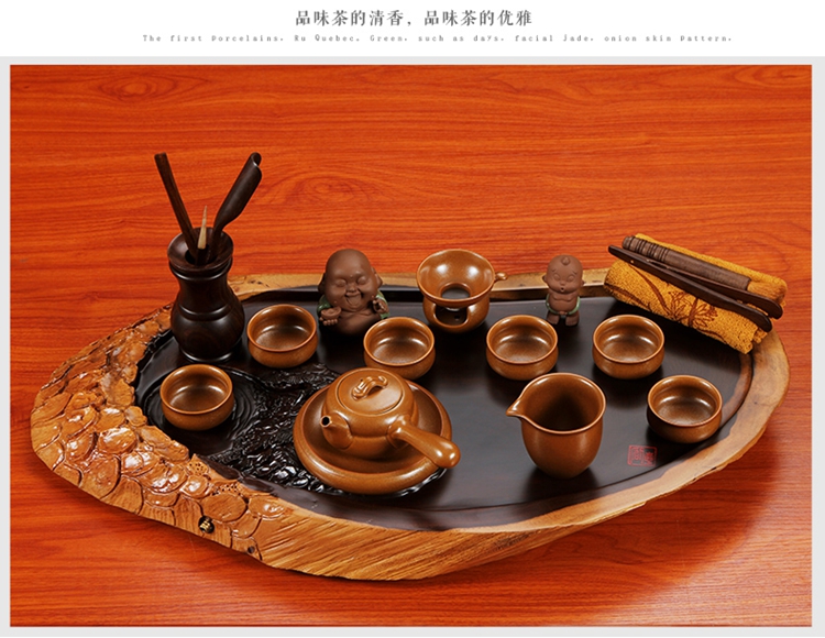 南埕 黑檀茶盘天然整块实木茶盘 汝窑陶瓷整套功夫茶具套装茶海台 套餐01黑檀老树新生-粗陶侧把壶套装