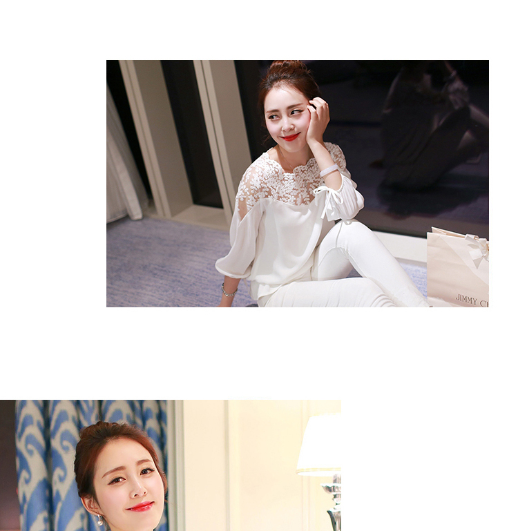 蓝洛诗2015秋装韩版宽松拼接七分袖女装蕾丝女装上衣 白色 L