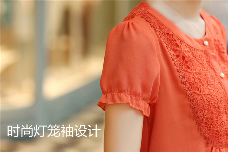 泛雪衬衣女装2014夏季新款胖MM女装衬衣短袖雪纺衫蕾丝衬衫女士上衣圆领 157 桔红色 M