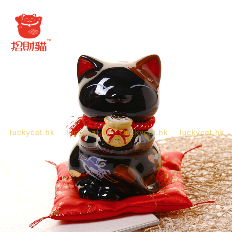 招财猫摆件 中号陶瓷黑色猫存钱罐储蓄罐 店铺开业办公室家居创意礼品节庆饰品 笑福猫
