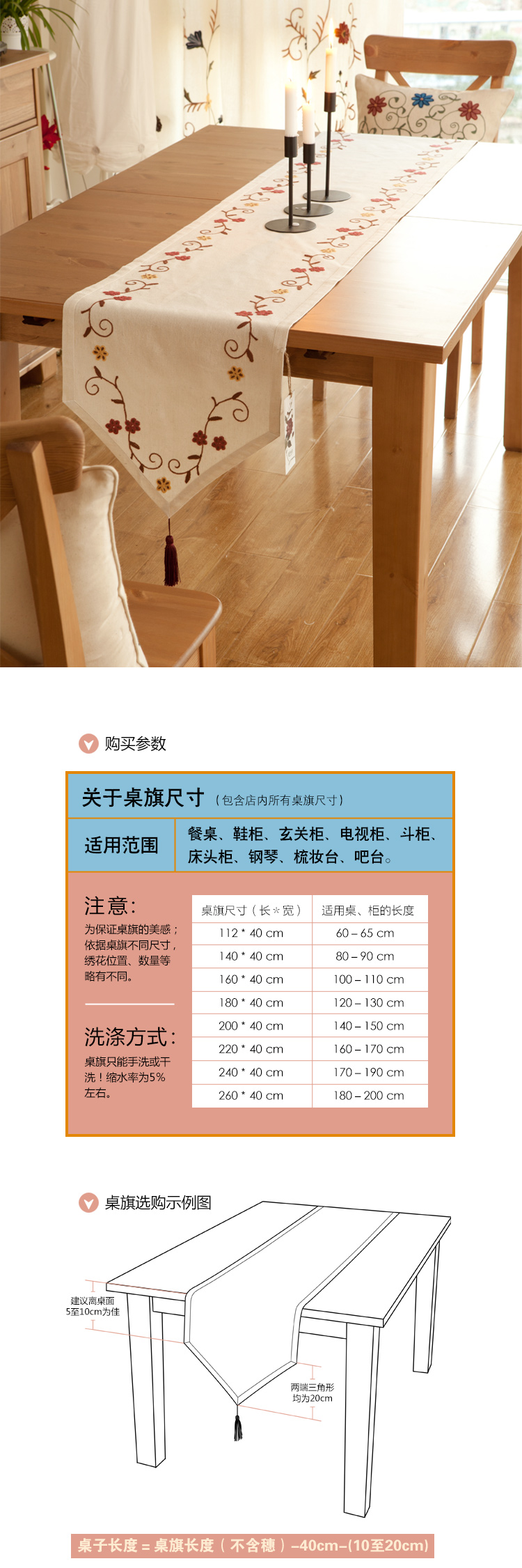 香芋谷色 太阳花绣花棉麻桌旗 餐垫布 美式乡村桌布 茶几桌旗 梅林迭榻之咏心 米白色底 220x40cm