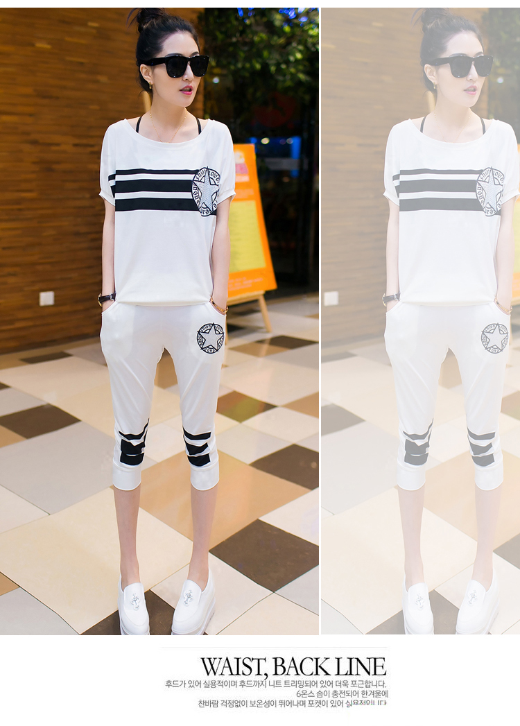 柯仕道2015夏季女装新款休闲套装薄款短袖七分裤运动服两件套H957 白色 M