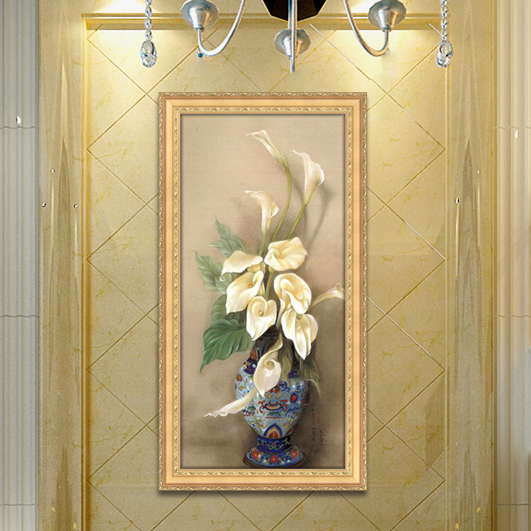 艺轩欧式玄关走廊装饰画挂画现代客厅餐厅有框门厅竖版过道壁画墙画 年年有余金色框 50*100