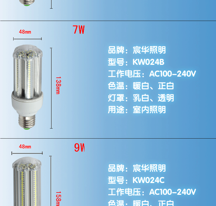 宸华照明超亮led玉米灯光源E27螺口LED灯泡家用照明节能灯 3W 白光  透明外壳