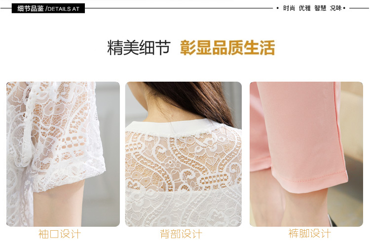 澳奇美（Aoqimei)2015夏季新款名媛两件套蕾丝短袖+雪纺裤时尚休闲套装9061 粉红色 L