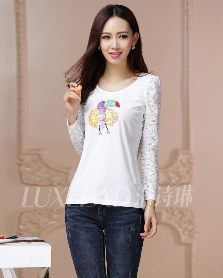LUXLEAD洛诗琳新款女装钉珠针织长袖T恤打底衫QTS3141025 阳光白 XL