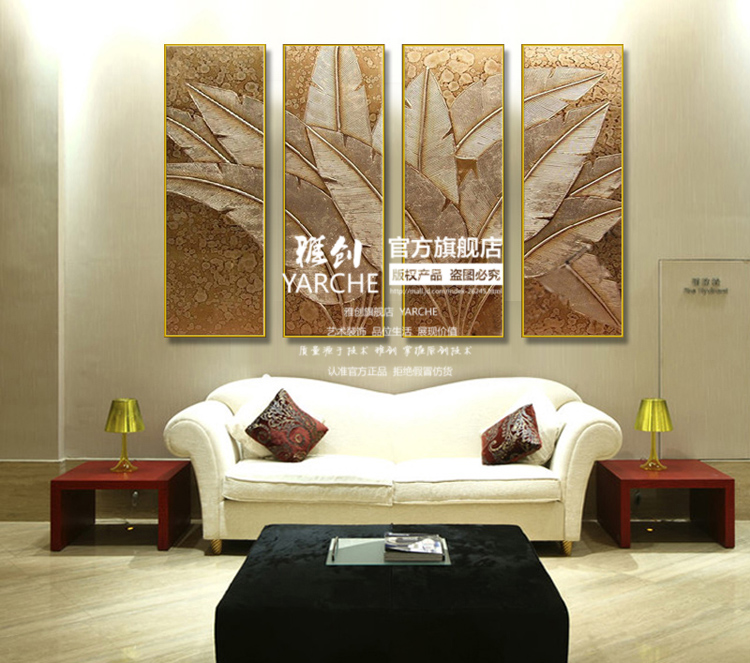 雅创 纯手绘油画金箔东南亚风格泰式画高档客厅卧室有框画 金箔芭蕉叶 组合 40*100X4CM