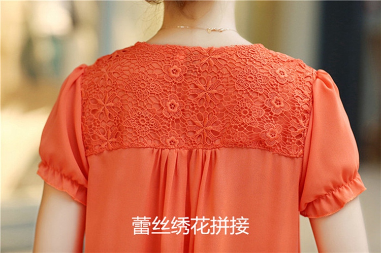 泛雪衬衣女装2014夏季新款胖MM女装衬衣短袖雪纺衫蕾丝衬衫女士上衣圆领 157 桔红色 M