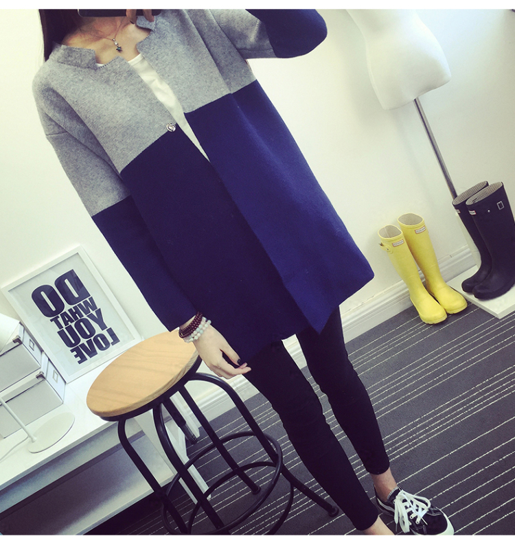 艾美卉  2015秋款外套复古拼接撞色毛衣外套修身中长款针织衫女开衫 8163 蓝色 均码