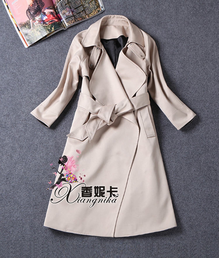 芮婕服装店*2015秋冬新款杨幂同款大翻领系带中长款风衣九分袖宽松外套 图片色 S