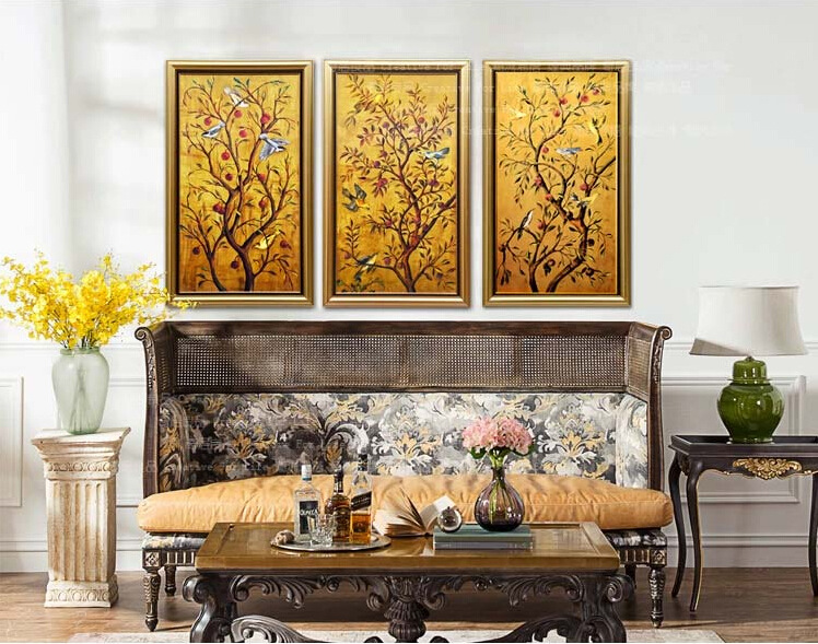 名帛现代简约画美式客厅装饰画沙发背景墙装饰画餐厅壁画玄关挂画有框画花鸟植物发财树吉祥树三联 三幅一套  宽67cm*高110cm实木外进口画芯