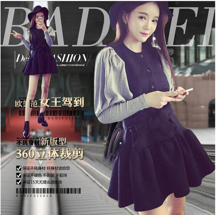 炫妮彩 2015秋冬新款女装小香风长袖连衣裙修身显瘦中长款灯笼袖毛呢中裙潮 黑色 L