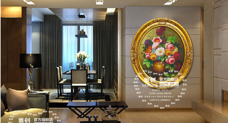 
                                        雅创油画 欧式装饰画椭圆画框客厅玄关柜挂画手绘油画古典花沙发墙画 C款 45*55CM                
