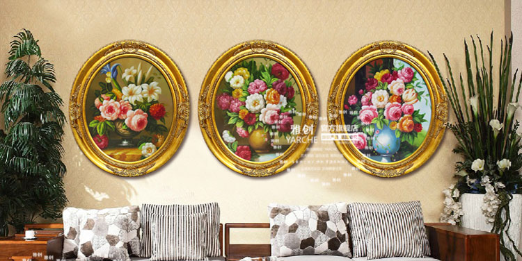 
                                        雅创油画 欧式装饰画椭圆画框客厅玄关柜挂画手绘油画古典花沙发墙画 C款 45*55CM                