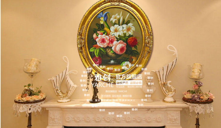 
                                        雅创油画 欧式装饰画椭圆画框客厅玄关柜挂画手绘油画古典花沙发墙画 C款 45*55CM                