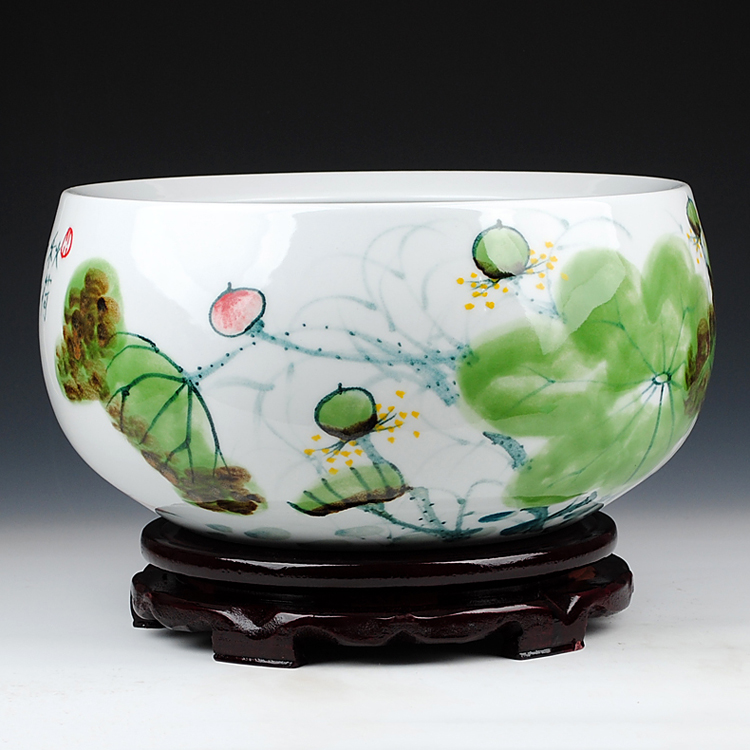 
                                        陶之念 景德镇陶瓷器手绘荷花水浅大金鱼缸 乌龟缸 收藏 虾趣                