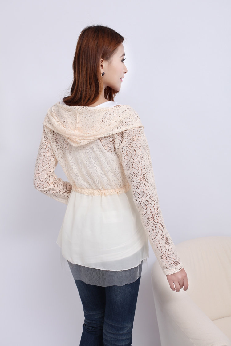 荃妍 2014夏装新款<em>韩版连帽</em>蕾丝雪纺系带<em>开衫</em>