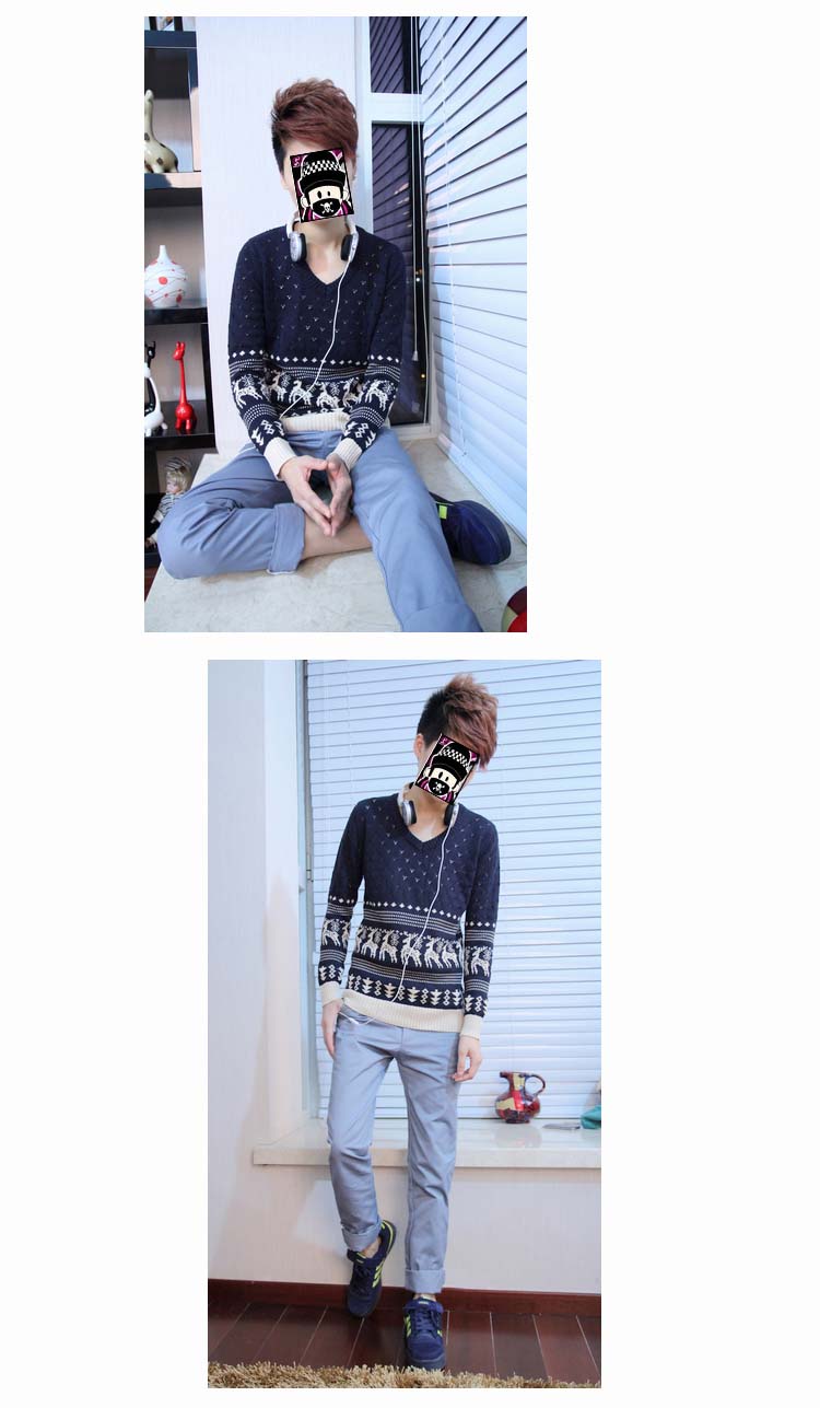 丹杰仕 秋冬新款男装V领小鹿<em>毛衣</em> <em>男士</em>韩版织