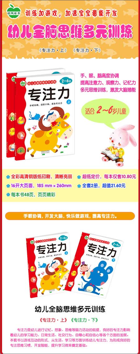幼儿全脑思维多元训练:专注力(2-6岁)(套装共2册) 晨风童书